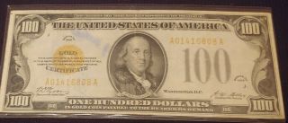 1928 U.  S.  $100 Dollars Gold Certificate - With Bank Stamps And Markings