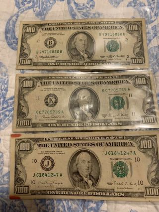 1969c,  1990,  & 1993 - 3x$100 One Hundred Dollar Bill Federal Reserve Bank Note -