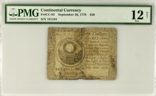 Continental Currency Fr Cc - 83 September 26,  1778 $30 Pmg 12