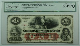 1863 Somerset Worcester Savings Bank Salisbury Md $1 Dollar Note Legacy 63 Ppq