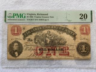 1862 Richmond Virginia Treasury Note $1 One Dollar Bill Pmg Certified