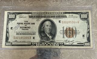 1929 U.  S.  $100 National Currency Note.  Federal Reserve Bank Richmond Brown Seal