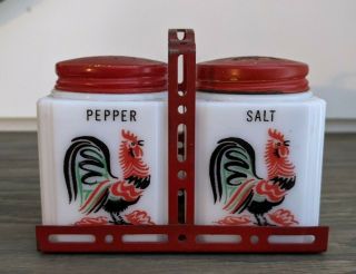 Vintage Tipp City Milk Glass Rooster Salt And Pepper Shakers In Red Caddy