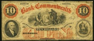 Obsolete Currency 1858 Richmond,  Va - Bank Of The Commonwealth $10 S/n 1