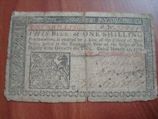 March 25 1776 Jersey One Shilling Colonial Currency Isaac Collins Note Nores