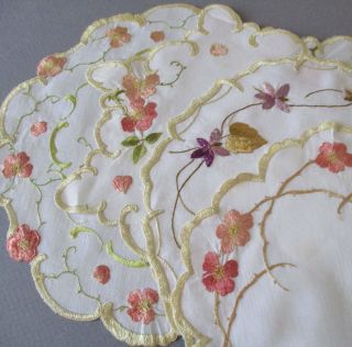 4 Antique Linen Doilies Society Silk Hand Embroidered Roses,  Violets Scalloped