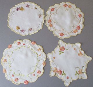4 Antique Linen Doilies SOCIETY SILK Hand Embroidered ROSES,  Violets Scalloped 2