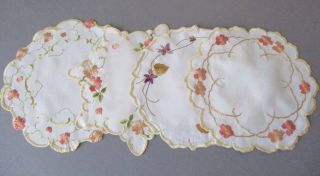 4 Antique Linen Doilies SOCIETY SILK Hand Embroidered ROSES,  Violets Scalloped 3
