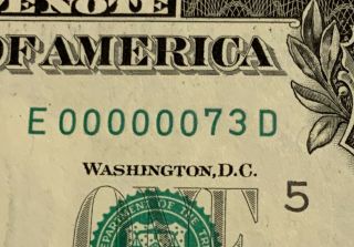 2013 $1 Dollar Bill Low Serial Number (e 00000073 D)