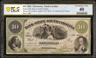 1861 $10 DOLLAR BILL SOUTH CAROLINA BANK NOTE LARGE CURRENCY PAPER MONEY PCGS 40 3
