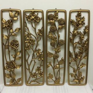 4 Seasons Gold Floral Wall Plaques Hanging Dart Ind Vintage Mcm