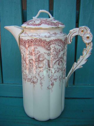Antique 9 " White Porcelain Coffee Pot With Pink Flower And Ribbons Gold Trim 29