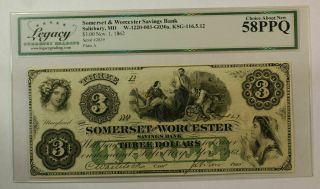 Nov 1 1862 $3 Somerset Worcester Bank Salisbury Maryland Legacy 58 Ppq