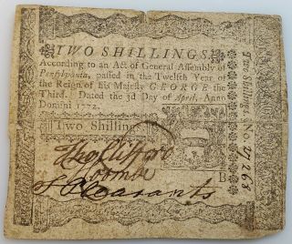 1772 Pennsylvania Two Shillings Colonial Currency Note April 3 4/3/1772 Pa - 156