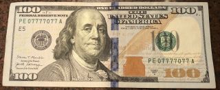 2017a $100 Bill Fancy Serial Number Binary 6 Of A Kind Repeater Note Pe07777077