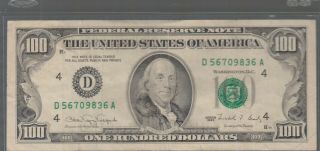 1990 (d) $100 One Hundred Dollar Bill Federal Reserve Note Cleveland Old Vintage