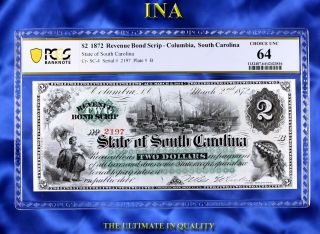 Ina State Of South Carolina 1872 $2 Currency Choice Unc Pcgs 64