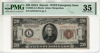 1934 A $20 Federal Reserve Note Hawaii Wwii Emergency Issue Fr.  2305 Pmg Ch Vf 35