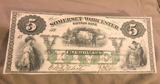 Salisbury Maryland Somerset And Worcester Bank 1862,  $5.  Uncirculated