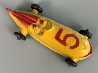 Vintage Sun Rubber Co 5 Race Car 2 Drivers Yellow With Red And Silver Accents