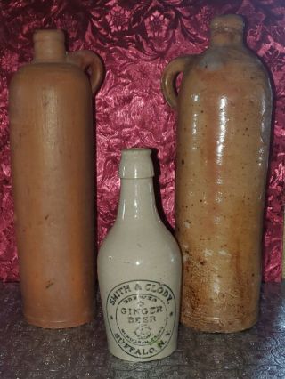 3 Antique Stoneware Bottles Jugs - Smith & Clody - Selters Nassau - Steinhager