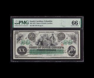 1872 $20 State Of South Carolina Revenue Bond Script Pmg Gem Unc 66epq