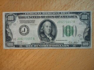 1928 A $100 One Hundred Dollar Federal Reserve Note Currency Kansas City Vg