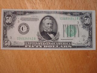 1934 $50 Fifty Dollar Federal Reserve Note Currency Philadelphia Crisp Au