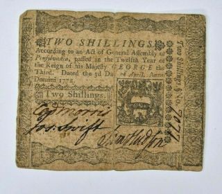 Colonial Currency Note 1772 Two Shillings Hall,  Sellers Signed 99c