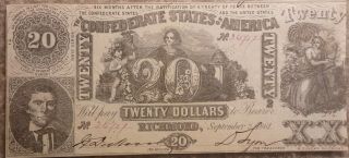 T - 20 Confederate Csa 1861 Twenty Dollars Sept 2,  1864 Unc Guaranteed Authentic