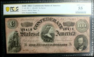T - 65 Pf - 1 1864 $100 Confederate Paper Money - Pcgs About Uncirculated 55