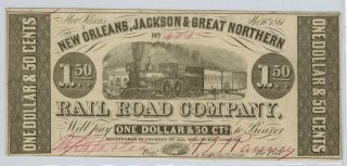 1861 Orleans Jackson & Great Northern Railroad Co $1.  50 Obsolete Currency