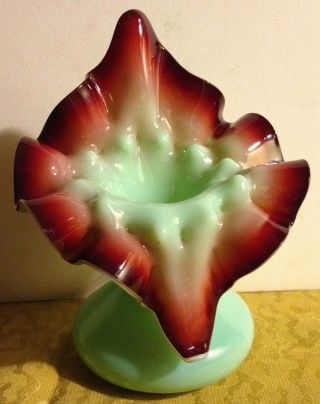 Jack In The Pulpit Oxblood,  Green Cased Glass Vase Antique 5 1/4 In.  High