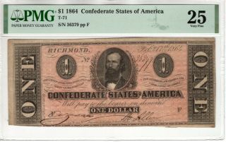 1864 $1 Confederate States Of America Note Currency T - 71 Pmg Very Fine 25 (001)