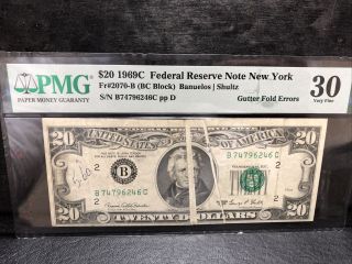 1969 C $20 Dollar Bill Gutter Fold Error Note Currency - Pmg Vf 30