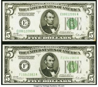 Two Fr.  1952 - E $5 1928b Federal Reserve Notes Very Fine