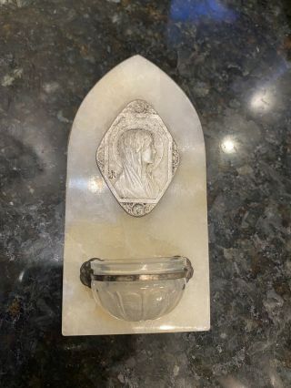 Antique French Holy Water Font Brass Onyx Silver Jesus Christ Collectible
