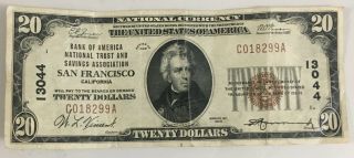 1929 $20 Dollar National Currency Note 13044 Brown Seal San Francisco,  Ca