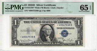 1935 D $1 Silver Certificate Star Note Fr.  1613w Wide Pmg Gem Unc 65 Epq (538b)