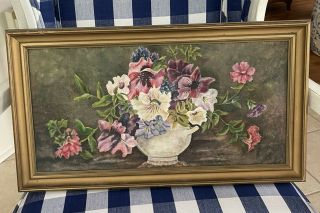 Vintage Framed Painting Florals Folk Art Approximate 23” X 12.  5”