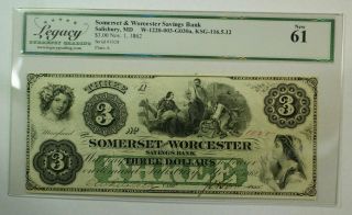Nov 1 1862 $3 Somerset Worcester Bank Salisbury Maryland Legacy 61