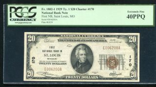 1929 $20 First National Bank In St.  Louis,  Mo Ch.  170 Pcgs Extremely Fine - 40ppq