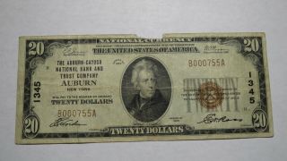 $20 1929 Auburn York Ny National Currency Bank Note Bill Charter 1345 Rare