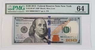 Scarce Uncirculated 2013 $100 Ny Star Note.  Pmg 64 Only 256k Print