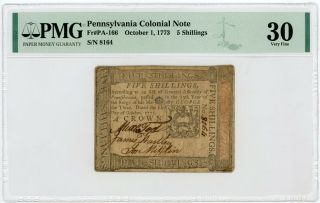 (pa - 166) Oct 1,  1773 5 Shillings Pennsylvania Colonial Currency Note - Pmg Vf 30
