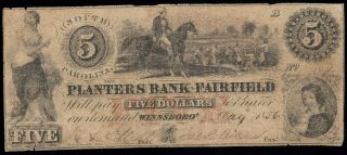 U.  S.  A.  South Carolina,  Planters Bank Of Fairfield,  Winnsboro $5 B,  1may1856 Vg/f
