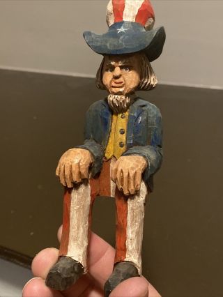 Features Antique Hand Carved Uncle Sam Wood Doll Shelf Sitter.  Folk Art