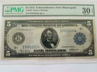 Sharp 1914 $5 Minn Large Note Fr 876 Burke/ Mcadoo Pmg 30epq