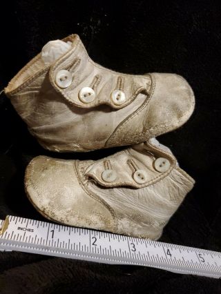 Antique Victorian Baby Doll Boots High Top Shoes White Leather - Button Up 4 1/4 "