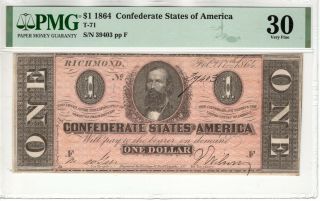1864 $1 Confederate States Of America Note Currency T - 71 Pmg Very Fine 30 (003)